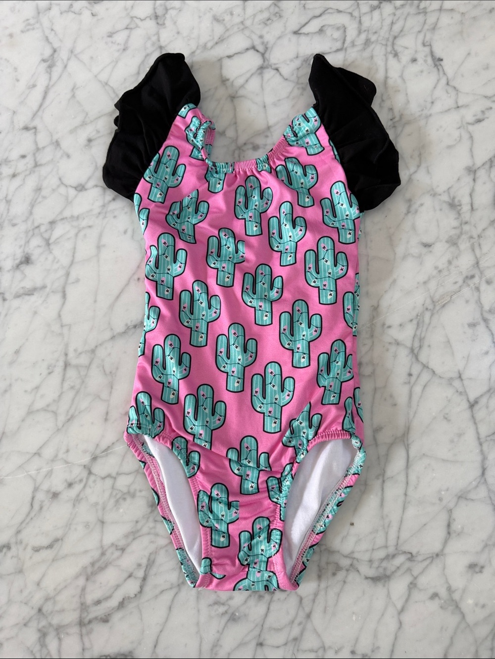 Girls' Pink Cactus Leotard Sz 5/6 Dance Wear Black Ruffle Sleeves ISP